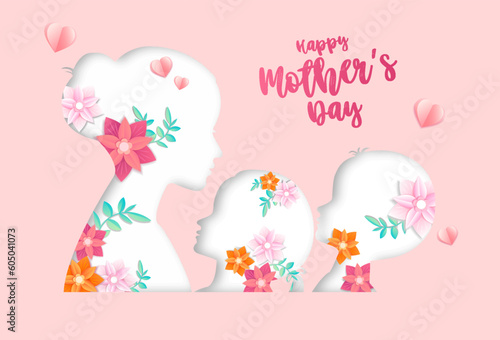 Mothers day banner. Silhouette of young girl with plants and child. Greeting postcard design in paper cut style. Good family relationships, love, care and support. Cartoon vector illustration