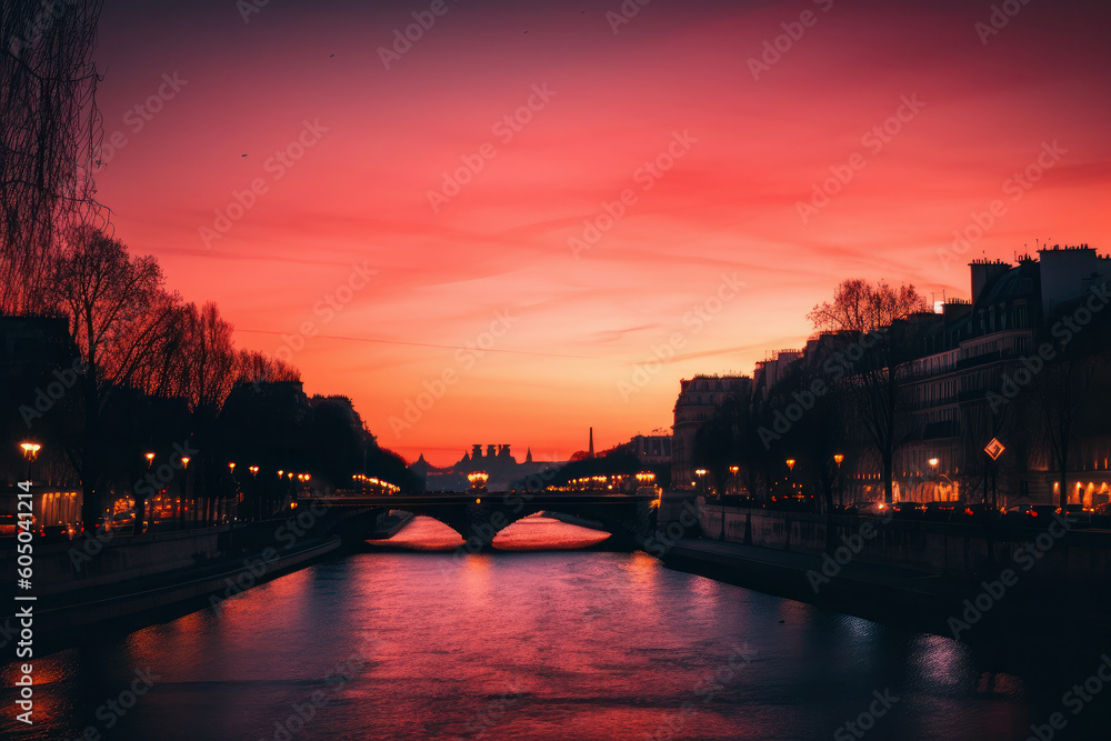 sunset on the streets. Tower on the pink sky of France. tender landscape. ai, ai generative
