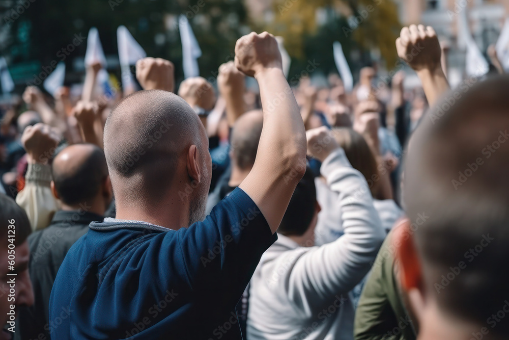 rallies and protests. men raised hands up, shouting and fighting for their rights, equality and justice. ai generative rallies and protests. men raised hands up, shouting and fighting for their rights, equality and justice. ai generative