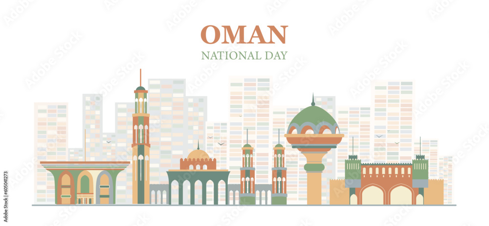 National day of Oman. Eastern urban architecture, muscat skyline. Traditional holiday and festival, culture. Tourism and travel. Patriotism and freedom. Cartoon flat vector illustration