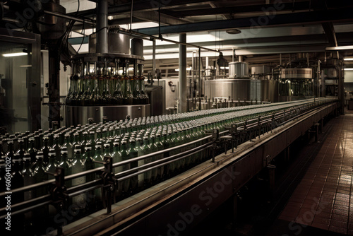 filling beer in to glass bottles at the factory. equipment at the alcoholic plant. AI Generative.