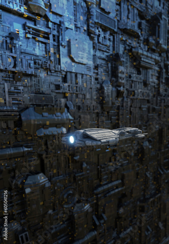 Medium Space Ship Navigating the Space Docks, 3d digitally rendered illustration photo