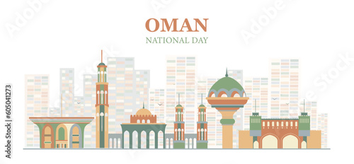 National day of Oman. Eastern urban architecture, muscat skyline. Traditional holiday and festival, culture. Tourism and travel. Patriotism and freedom. Cartoon flat vector illustration