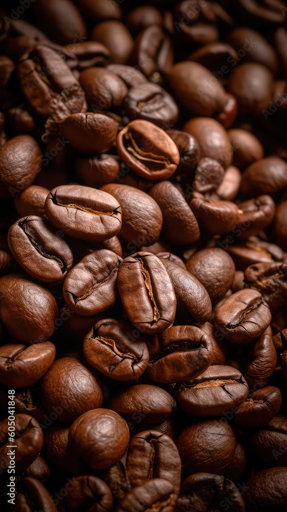 Freshly roasted coffee beans. The grains are tightly stacked to each other, filling the frame with their rich, earthy tones. Generative AI Freshly roasted coffee beans. The grains are tightly stacked to each other, filling the frame with their rich, earthy tones. Generative AI