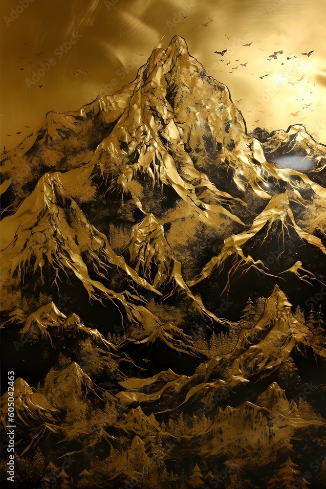 sunset in the mountains in gold leaf art, copper engraving style, generative AI, Landscape, Illustration