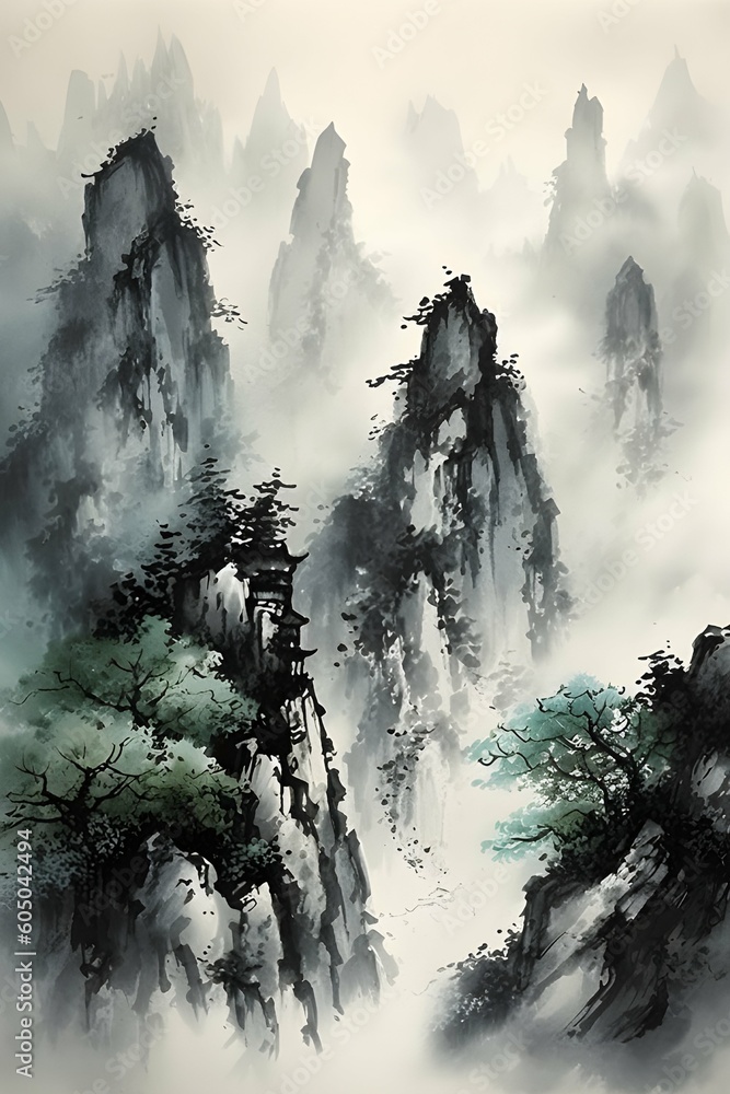 misty morning in the mountains, Japanese Sumi-e Painting, Generative AI, Illustration
