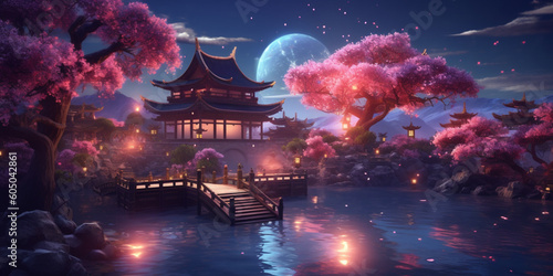 Zen Asian Cottage in Magic Moon Wallpaper Ethereal Fantasy Cherry Blossom Forest Generative AI © Tai Odusola