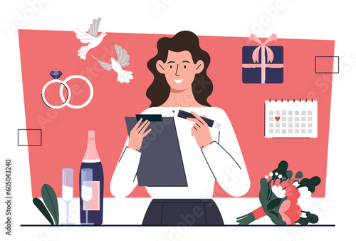 Wedding preparation concept. Woman stands with pencil near list and checks affairs and purchases for wedding ceremony. Manager with checklist. Doves and rings. Cartoon flat vector illustration