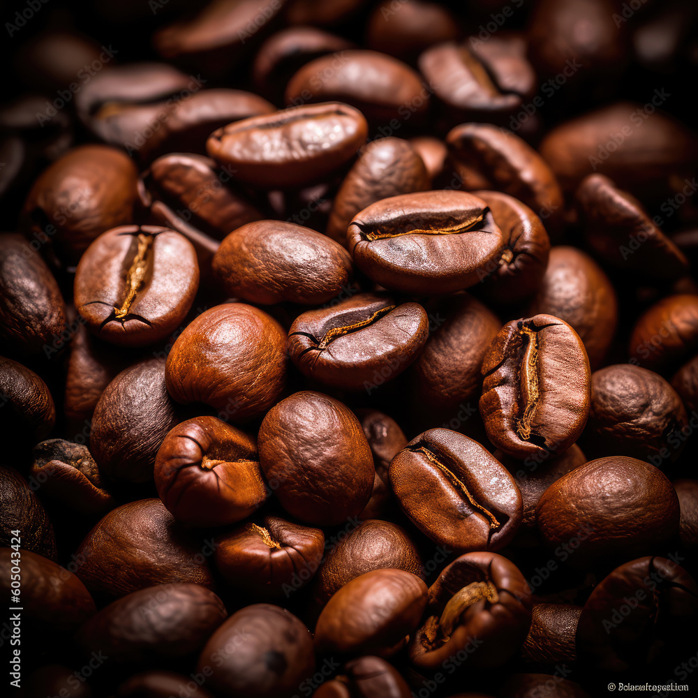 Freshly roasted coffee beans. The grains are tightly stacked to each other, filling the frame with their rich, earthy tones. Generative AI Freshly roasted coffee beans. The grains are tightly stacked to each other, filling the frame with their rich, earthy tones. Generative AI