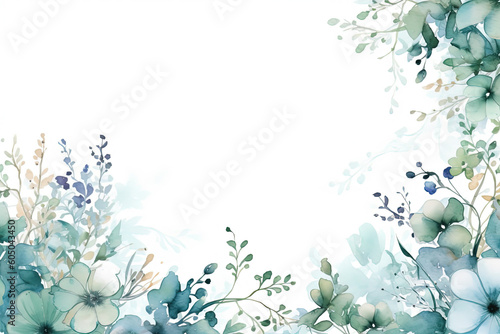 Pale watercolor leaves and flowers on white background - vertical botanical design banner. Floral pastel watercolor, vintage style © britaseifert