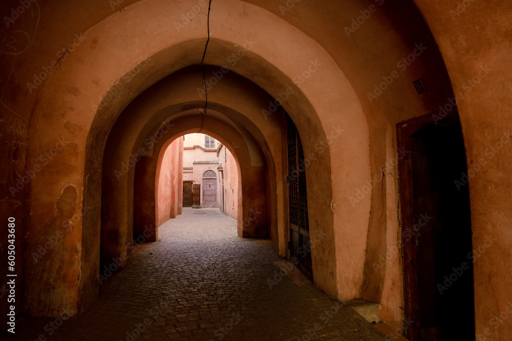Tunnel of moorish arches in the streets of the Marrakech Medina in Morocco