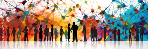 A chain of figures of people connected by lines. Cooperation and interaction between people. Dissemination of information in society, contacts, connections. Social contacts. Generative AI