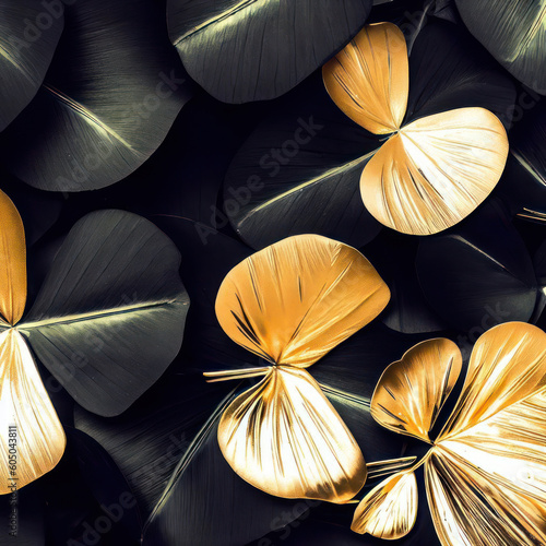 Gold and black tropical clover leaves. Luxury Creative nature background.Generative AI