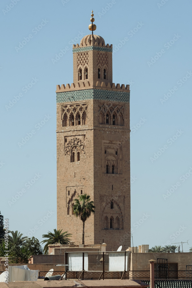 Mosque above the roofs of the city of Marrakech in Morocco