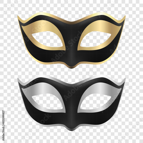 Vector 3d Realistic Blac Foil Carnival Face Mask Icon Set Closeup Isolated. Mask for Party, Masquerade Closeup. Design Template of Mask. Carnival, Party, Secret, Hero, Stranger Concept