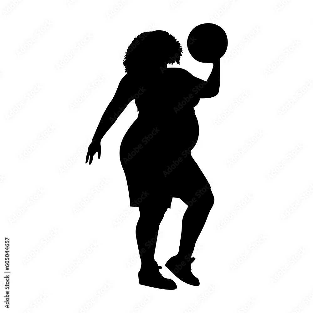 Fototapeta premium Vector illustration. Silhouette of a female basketball player. Body Positive. Fat girl goes in for sports.