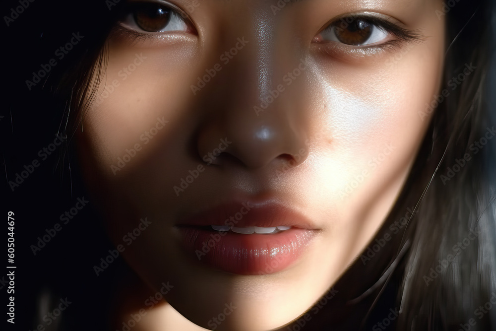 A close up of a woman's face with a blurry background