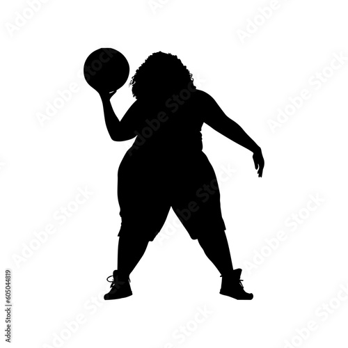 Vector illustration. Silhouette of a female basketball player. Body Positive. Fat girl goes in for sports.