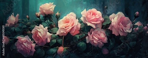 Roses, pink. Horizontal background, ornate and sublime color arrangement, Nature-themed, photorealistic illustrations in JPG. Generative AI