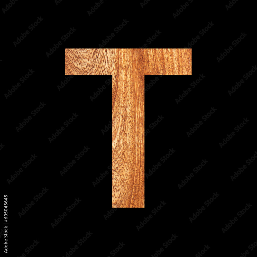 Capital letter T on oak wood texture - Black background
