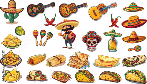 Canvas Print Mexico Icons Carnival, Cinco de Mayo, Mexican Cuisine, Traditional Holiday Fiest