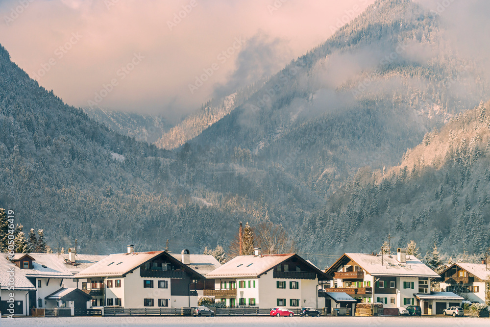 Landscape of the Linderhof Palace's surroundings , covered by snow during the German winter, in southwest Bavaria near the village of Ettal. Germany, 2018