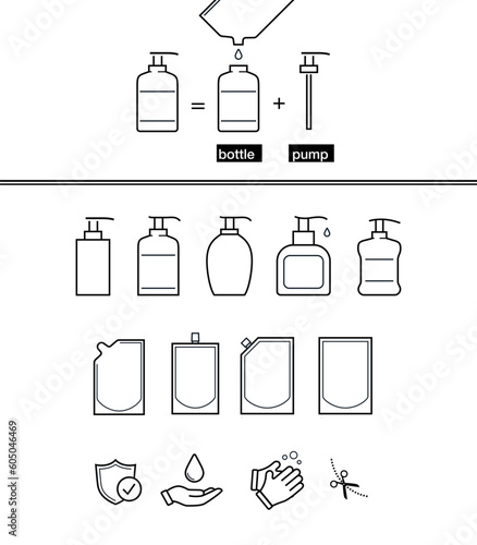 A set of packing icons for the filling process. Vector illustration isolated on white background. Easy to use for presentation your product, design. Editable stroke outline. EPS10.	