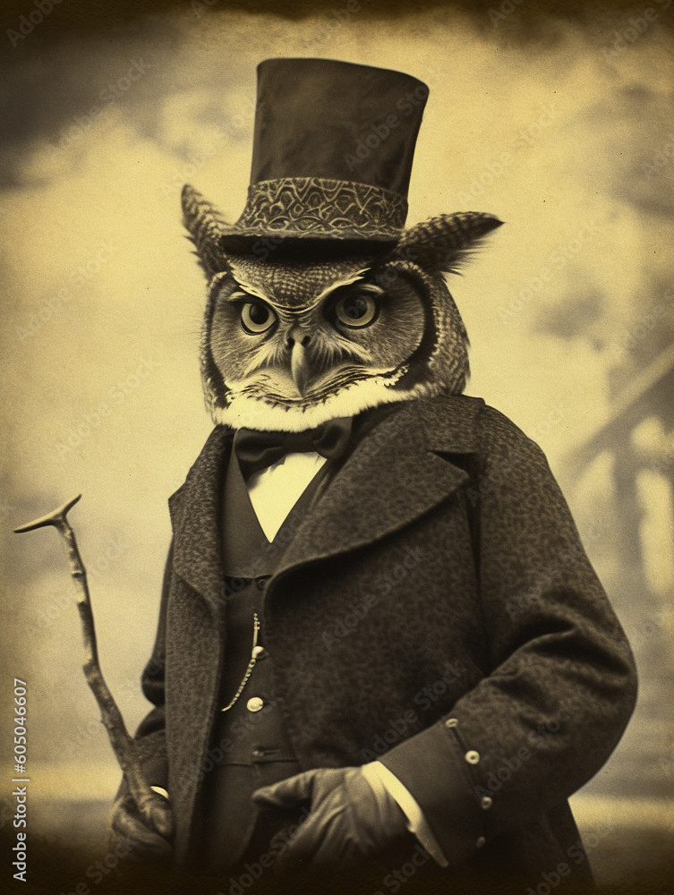 Antique Photo of an Owl Dressed as a Gentleman in a Suit and Top Hat | Generative AI