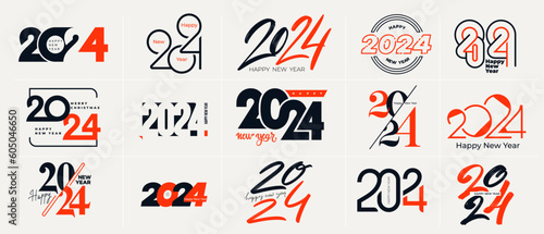 Happy New Year 2024 logos design set. Template with black numbers 2024. New Year holiday trend logos template. Collection of vector illustration 2024 happy new year symbols. Christmas decoration. photo