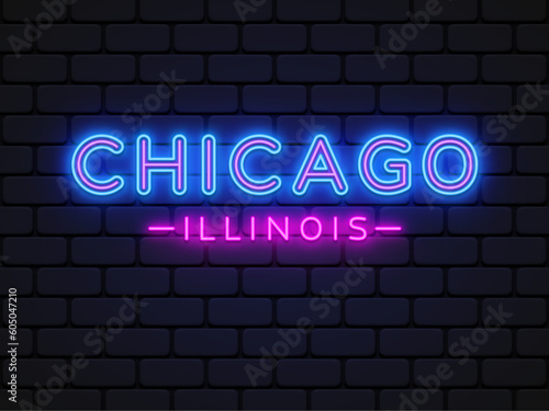 Blue chicago neon in vintage style on light background. Poster design element. Typography design. Creative banner, label vector. Vector graphic illustration