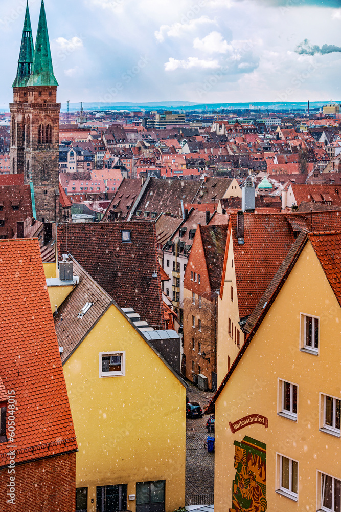 View of Nuremberg Old Town, the Historic Centre and the towers of the St. Lawrence, Church from Kaiser Castle. Bavaria, Germany, 2018