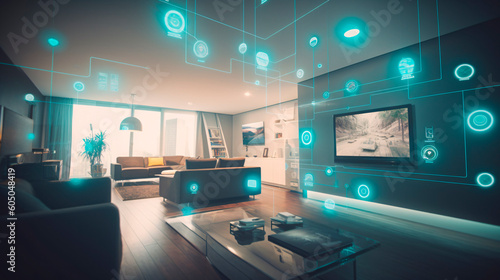 The concept of the Internet of Things with an image of a smart home, featuring various connected devices and appliances AI