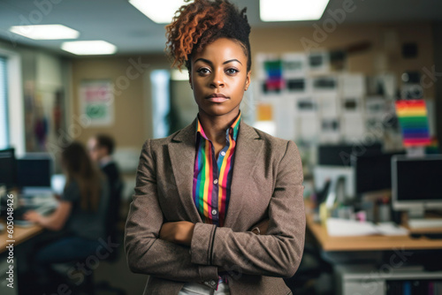 Powerful portrait of office worker, woman, LGBTQ acceptance, generative AI