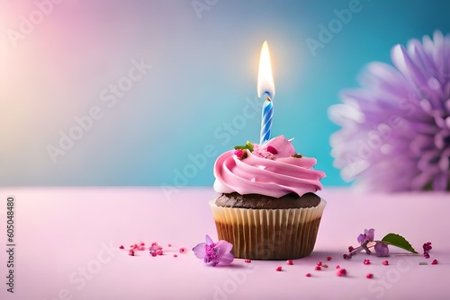 Tasty cupcake with candles on lights background