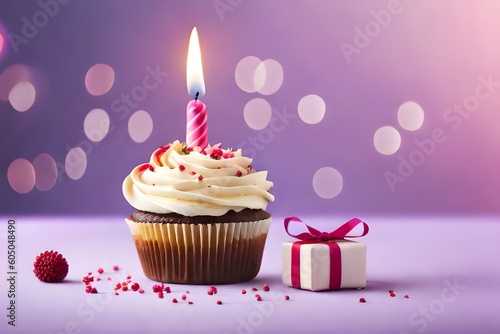 Delicious birthday cupcake with burning candle and space for text on blurred lights background