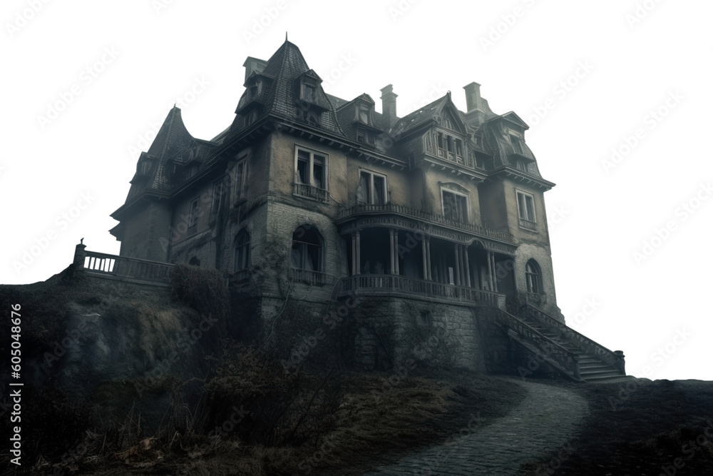 Old house in the fog. Isolated on a white background. Haunted mansion. Isolated transparent PNG. Spooky Manor.