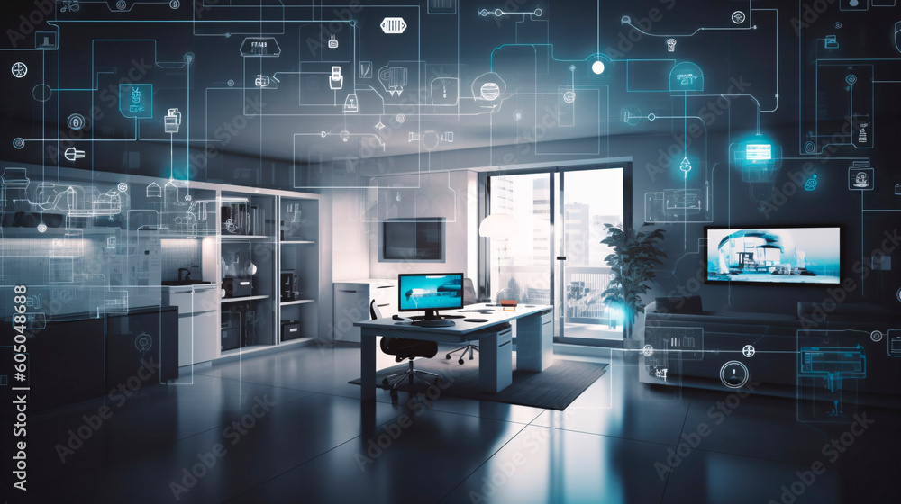 The concept of The concept of the Internet of Things with an image of a smart home, featuringthe Internet of Things with an image of a smart home, featuring various connected devices and appliances AI