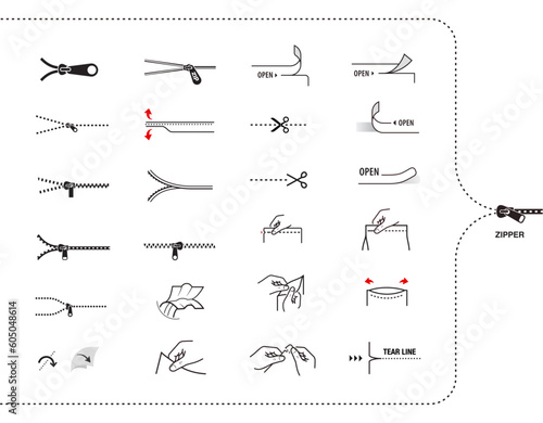 A set of icons for zippers and scissors. Set for package, shows the place of opening. EPS10.