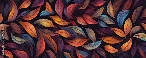 a horizontal backgound with Colorfully drawn leaves, graphic pattern, Nature-themed, , photorealistic illustrations in a JPG. Generative AI