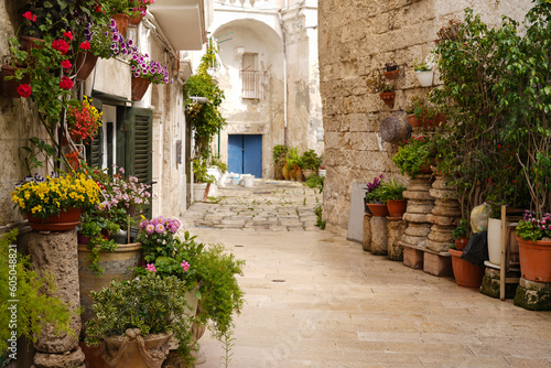 one of the charming narrow street decorated with flowers of picturesque Monopoli old town, Puglia, Italy