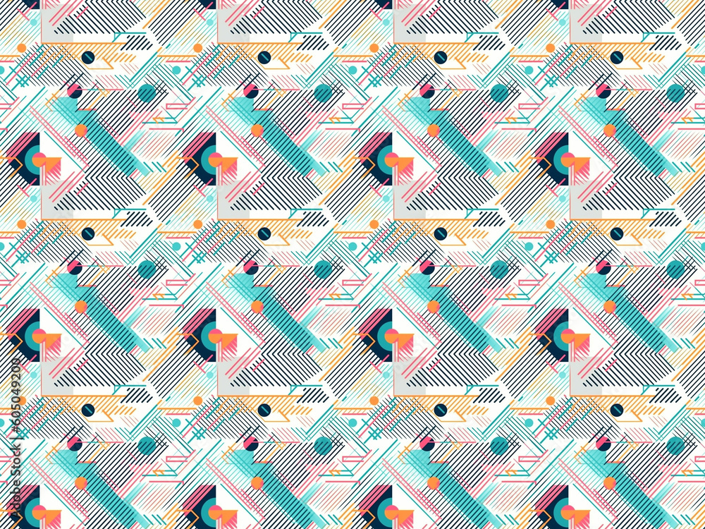 Obraz premium Seamless pattern background of colored lines, dots and squares repeating endless shapes. Trendy wrapping paper modern and contemporary style. Ai generated.