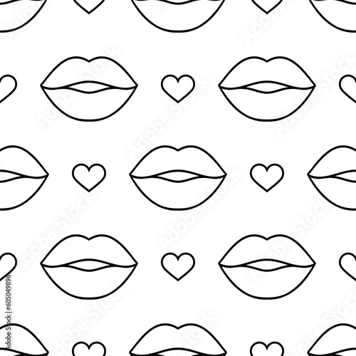 Black outlines lips and hearts on the white background. Seamless vector pattern. Fashion background for modern designs, creatives for Valentine's Day, prints, textiles, fabrics, wallpapers, wrappings.