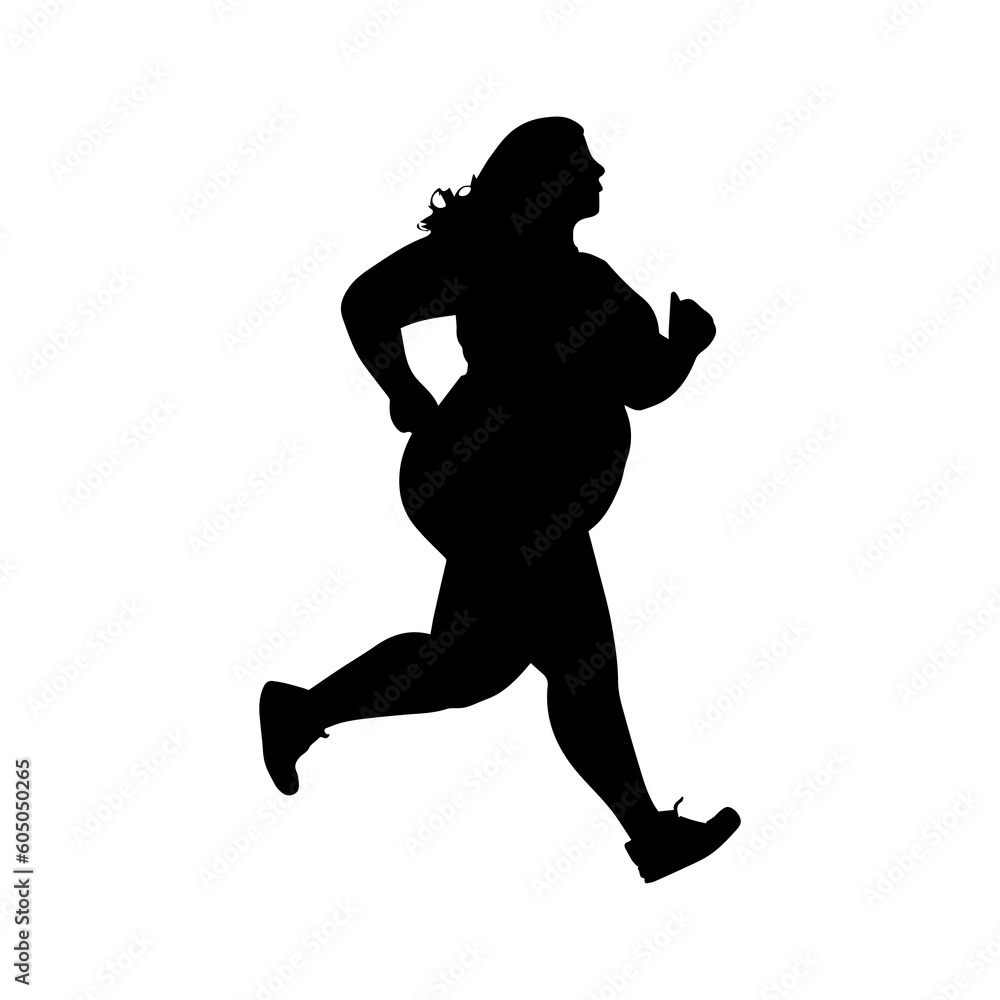 Vector illustration. Fat woman silhouette. Body positive. Fat girl goes in for sports.