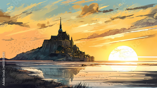 Illustration of beautiful view of Mont Saint-Michel, France