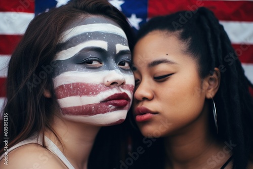 Faces of two asian women leaning cheek to cheek with an American flag painted on their face Generative AI