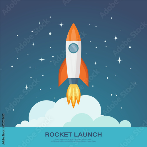 Vector Retro Red and White Space Rocket Ship Launch on Space Sky Background. Space Rocket Design Template for Business, Start Up Project, Development Process, Creative Idea etc