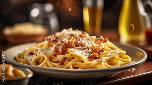 A plate of appetizing Italian food pasta carbonara on the table