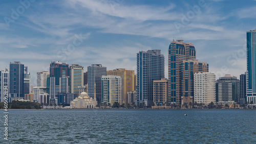 Sharjah city view, high rise buildings with lagoon © tashmetova808