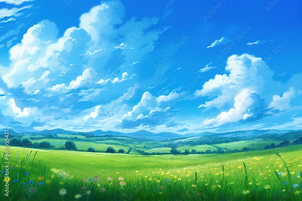 green field and blue sky