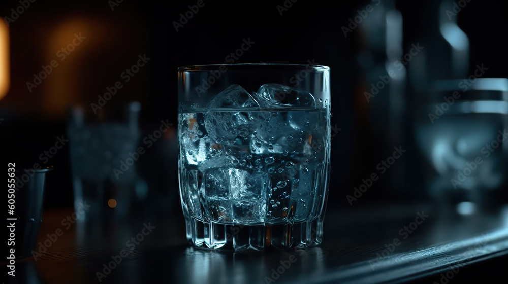 Glass of water with ice on the table in the dark room. Clean water glass. Transparent cocktail with ice in a glass. Realistic 3D illustration. Generative AI